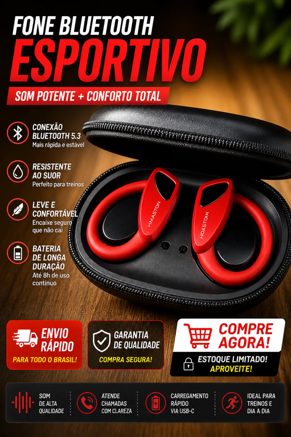 🎧 FONE BLUETOOTH ESPORTIVO — NÃO CAI DO OUVIDO