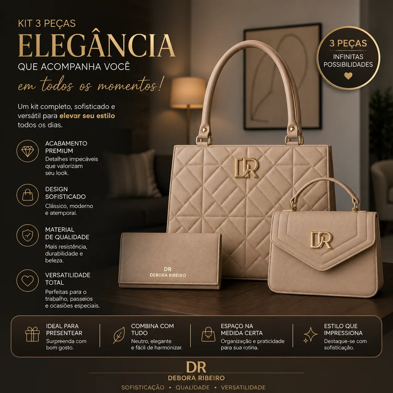 💼✨ KIT 3 BOLSAS — ELEGÂNCIA QUE NÃO PASSA DESPERCEBIDA