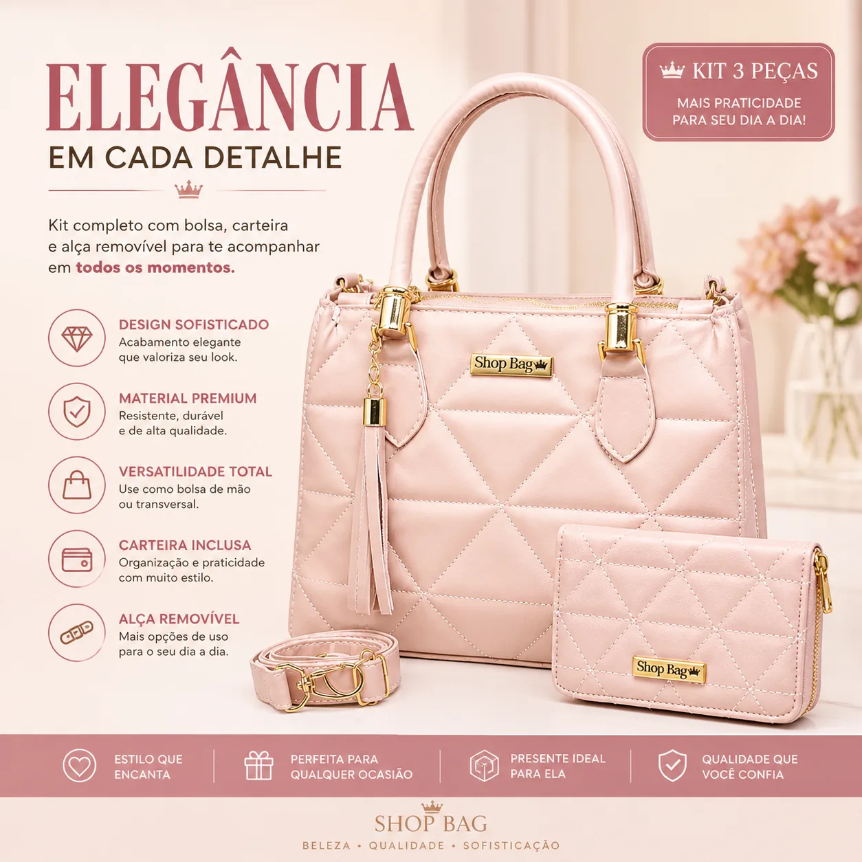 Bolsa Feminina Ombro + Transversal + Carteira