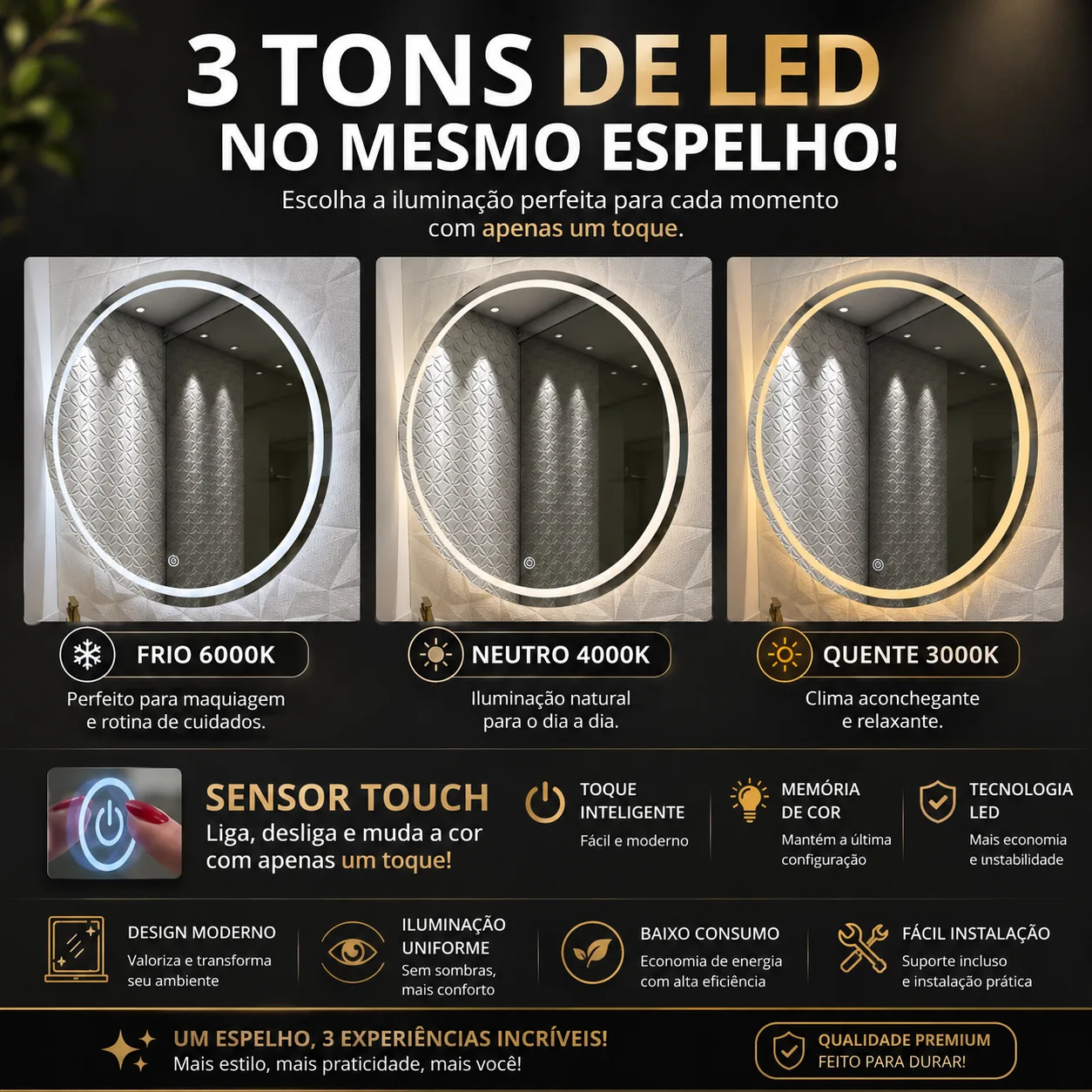 Espelho Redondo Jateado 3 tons de led