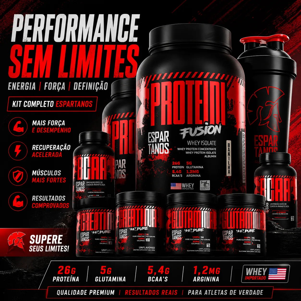 👉 Whey Protein + Creatina + BCAA + Glutamina + Shaker