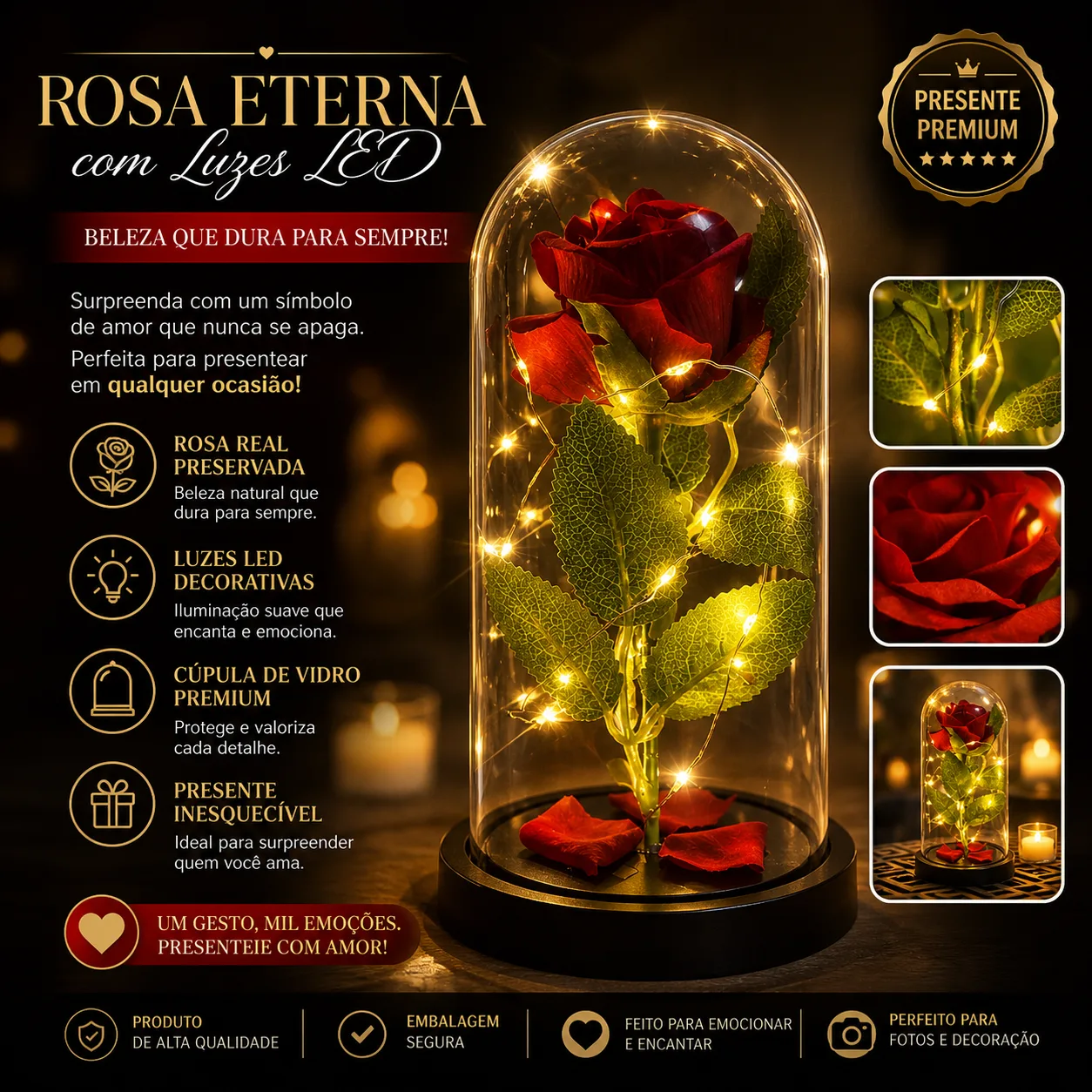 Rosa Encantada com Iluminação LED em Cúpula
